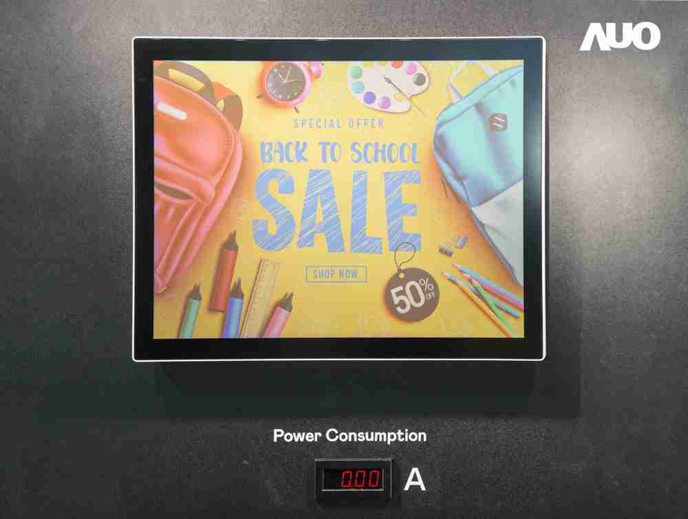 汇旺支付展示胆固醇液晶超低耗能户外全彩显示器，，，，ChLC（胆固醇液晶）以双稳态技术使静态显示零功耗，，，，具省电、、高彩度、、、环保的特性，，，还整合软硬件系统解决方案，，，，可透过单一云端平台管理